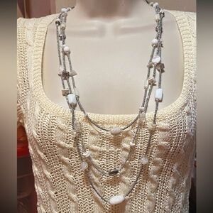 Chico’s Triple Strand White & Silver Beaded Necklace